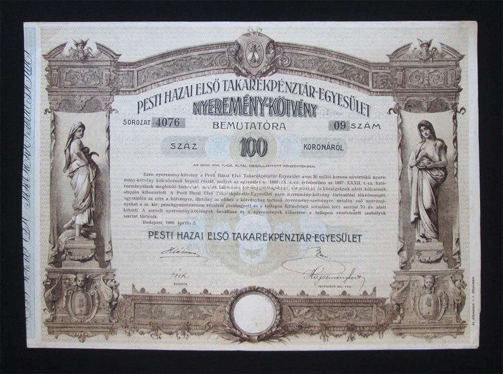 Pesti Hazai Els Takarkpnztr Nyeremnyktvny 100 korona 1906
